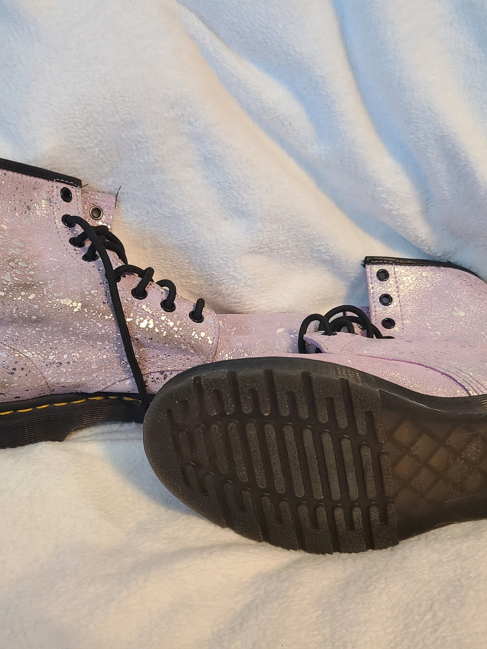 Dr. Martens Lavender Glitter 8-Eye Lace-Up Boots with Black Soles - Picture 2 of 3